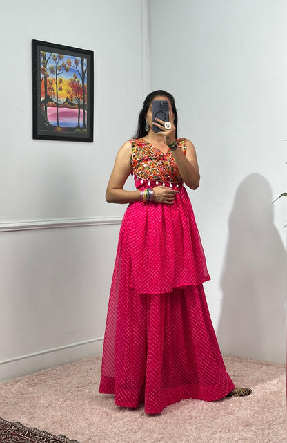 Garba Wear Pink Color Printed Faux Georgette With 4 Meter Top With Lehenga