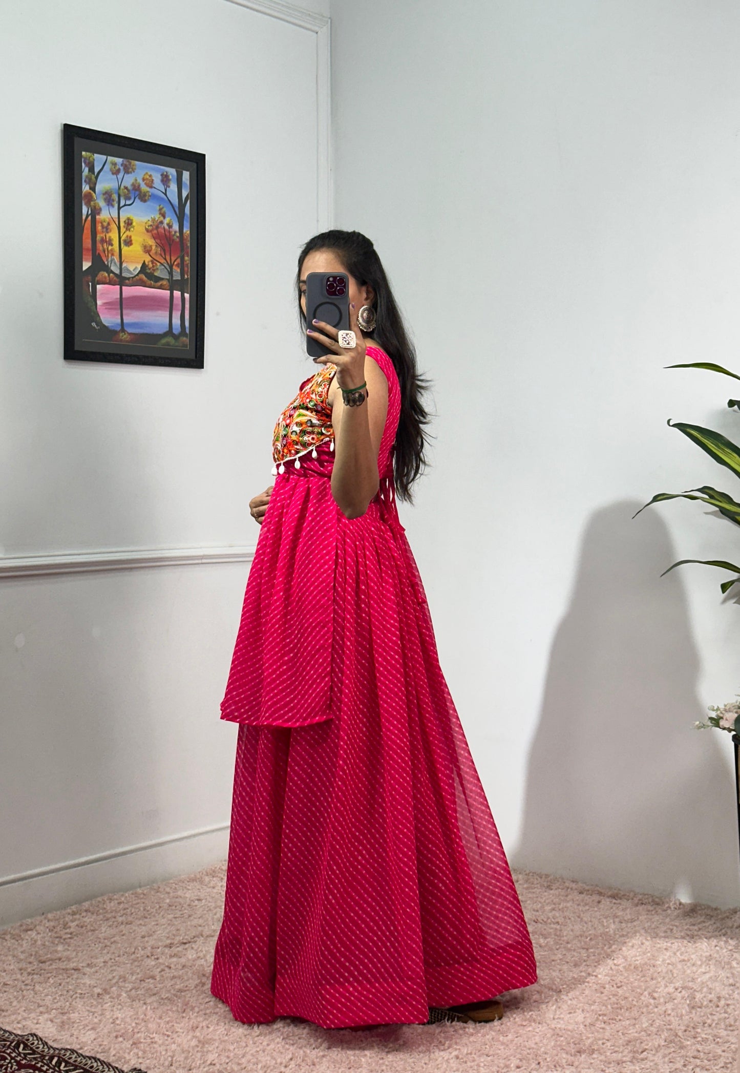 Garba Wear Pink Color Printed Faux Georgette With 4 Meter Top With Lehenga