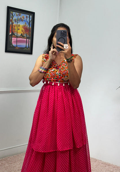 Garba Wear Pink Color Printed Faux Georgette With 4 Meter Top With Lehenga