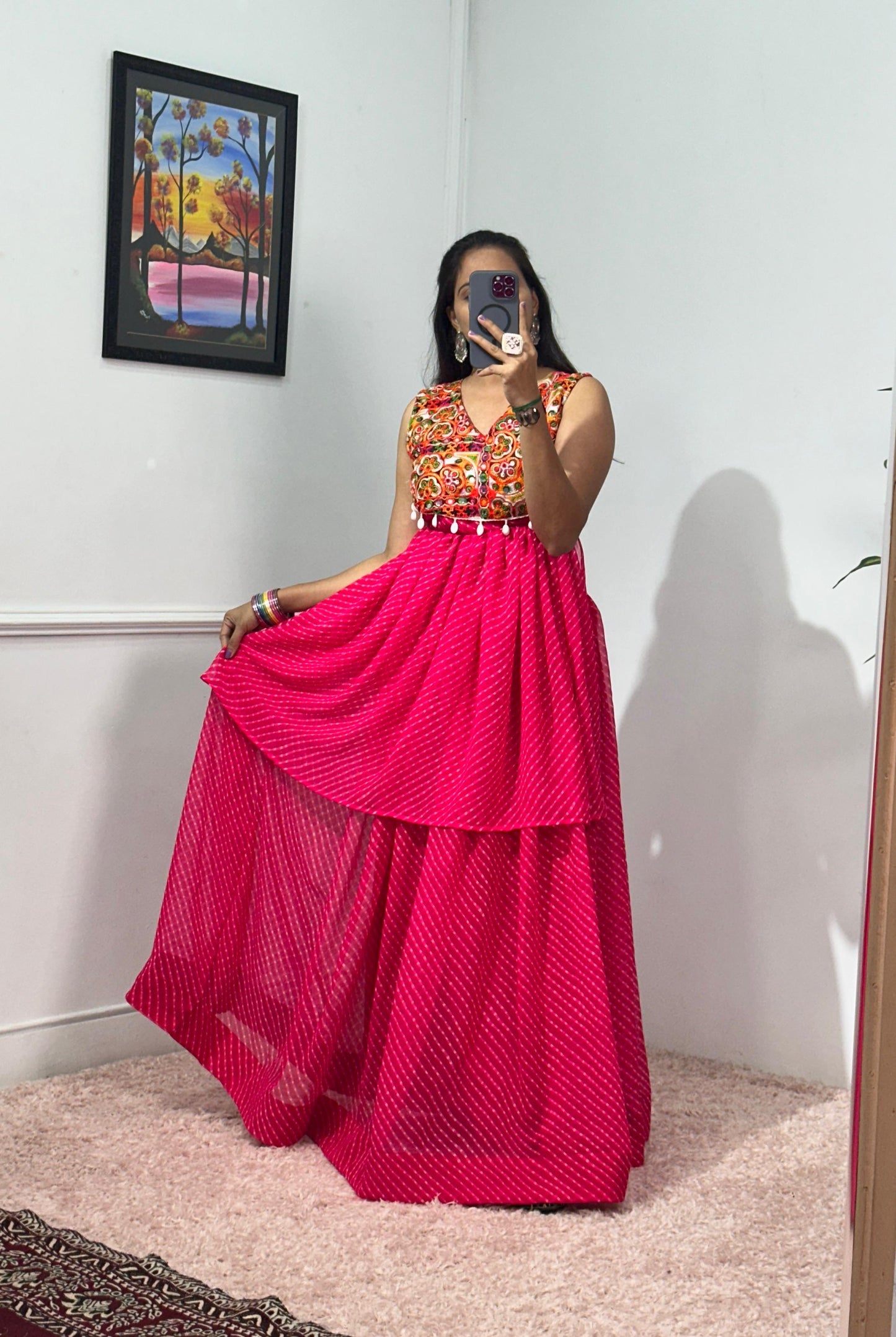 Garba Wear Pink Color Printed Faux Georgette With 4 Meter Top With Lehenga