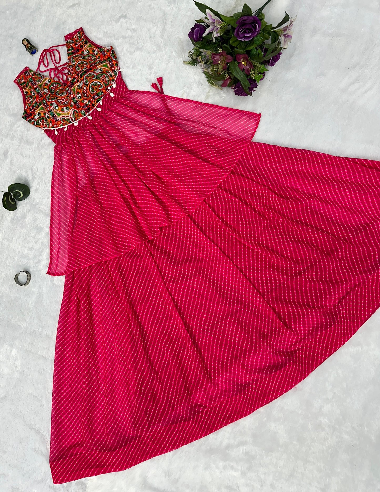 Garba Wear Pink Color Printed Faux Georgette With 4 Meter Top With Lehenga