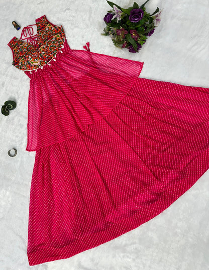 Garba Wear Pink Color Printed Faux Georgette With 4 Meter Top With Lehenga