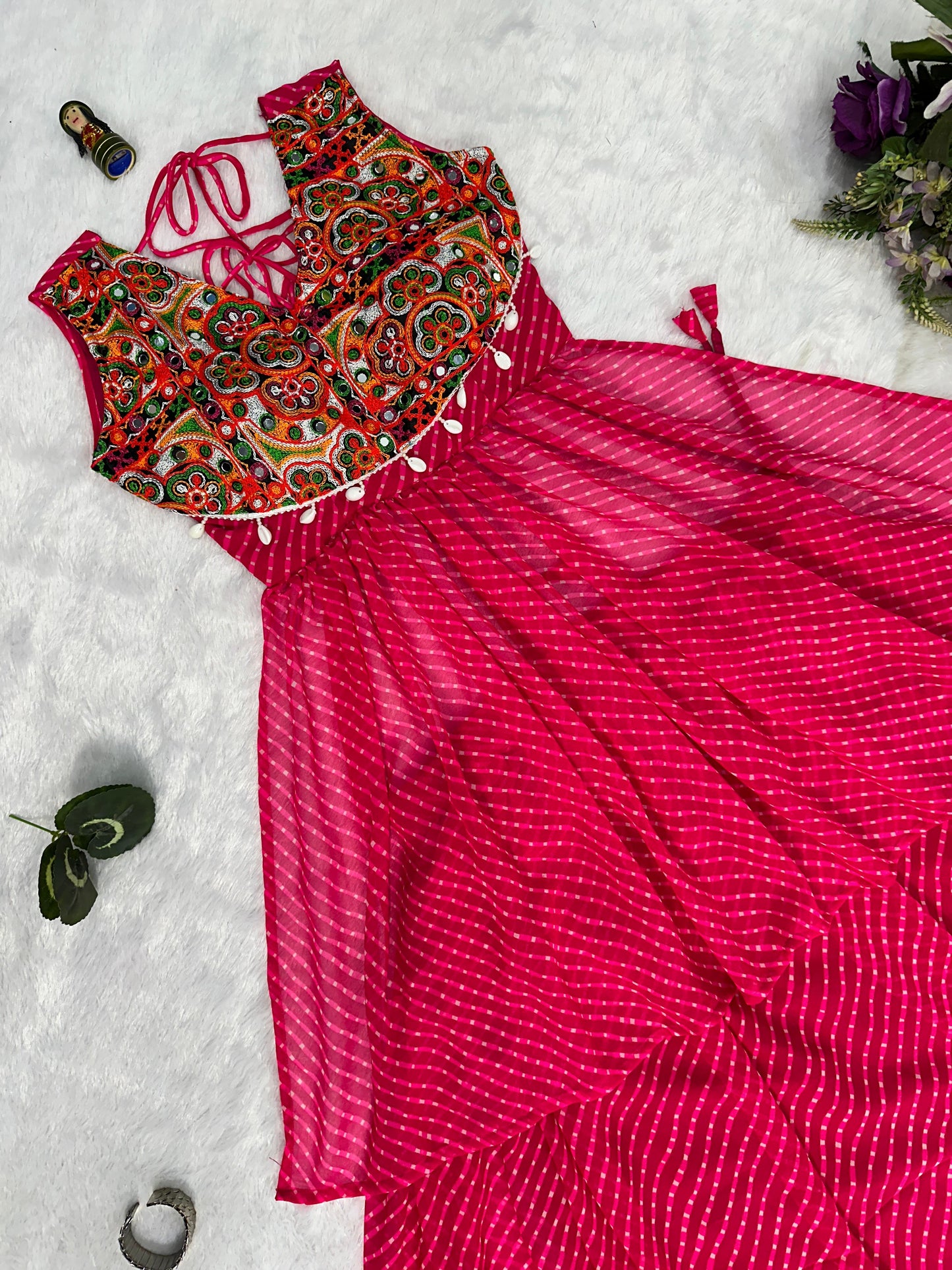 Garba Wear Pink Color Printed Faux Georgette With 4 Meter Top With Lehenga