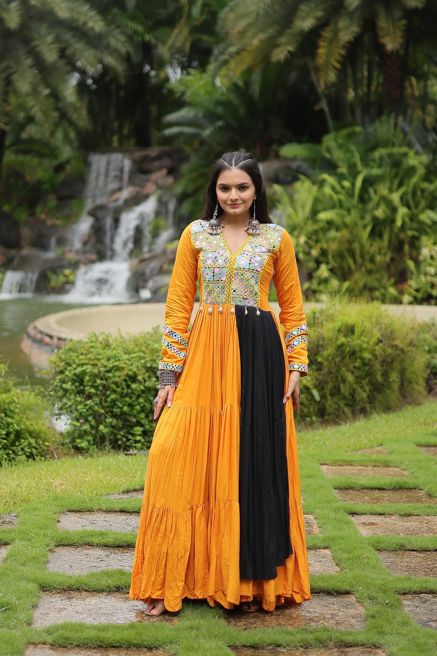 Elegant Yellow Color Rayon With Kutchi Gamthi Work 12 Meter Flair Designer Navratri Gown