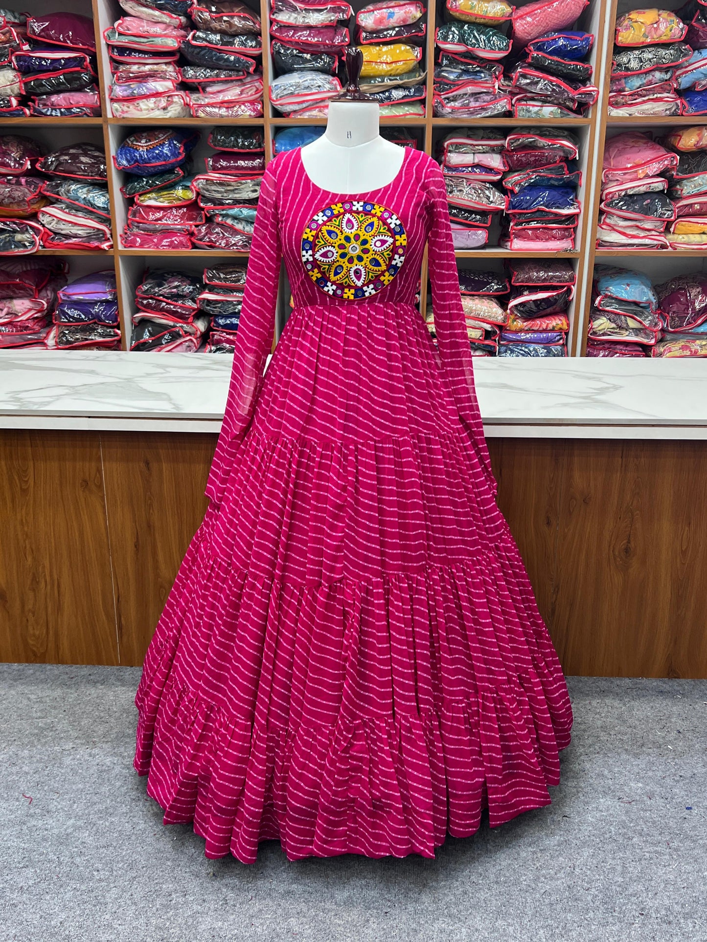 Navratri Wear Pink Color Heavy Pure Soft Fox Georgette Laheriya Print Anarkali Gown
