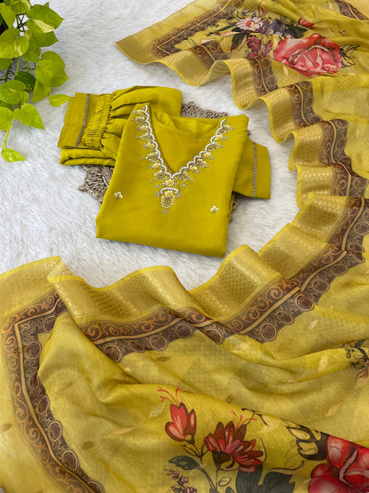 Wedding Wear Mustard Color Premium Roman Silk Soft Fabric With Handwork Neck Kurti Set