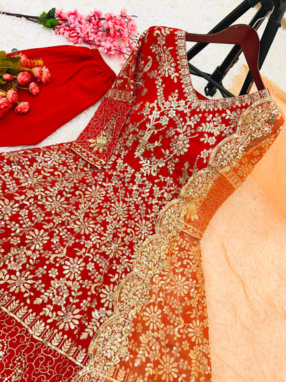 Daisy Red Color Pure Heavy Faux Georgette With Full Heavy Embroidery Sequence Work Anarkali Suit
