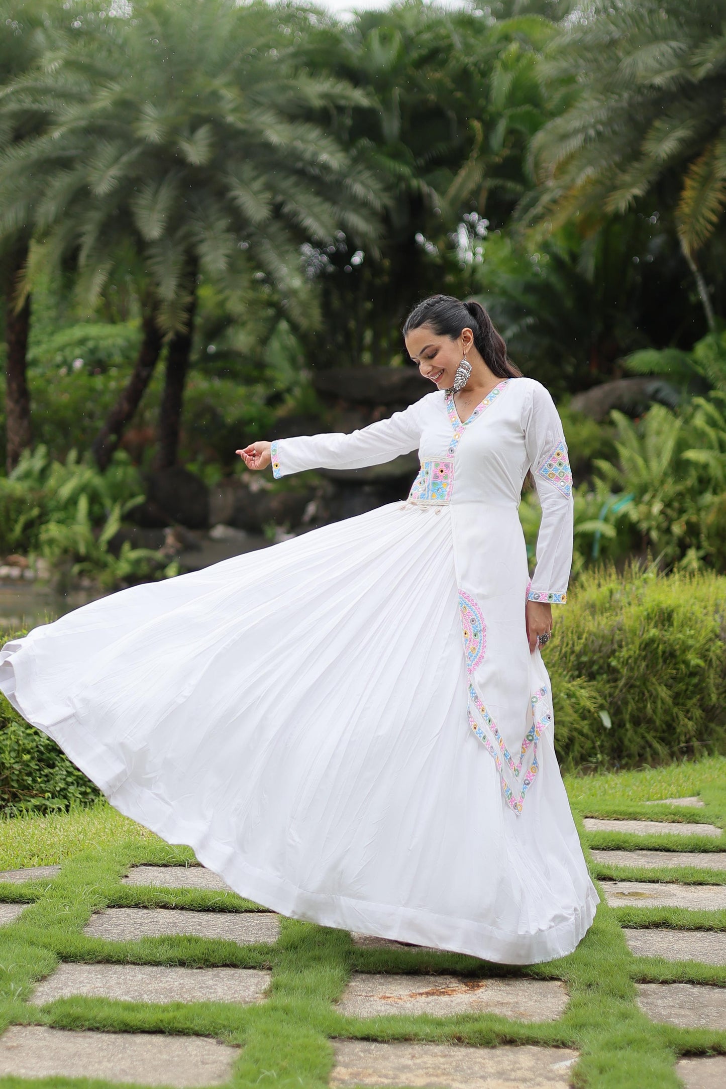 Traditional Wear White Color Rayon With Kutchi Gamthi Lace Work Navratri Special Designer Gown