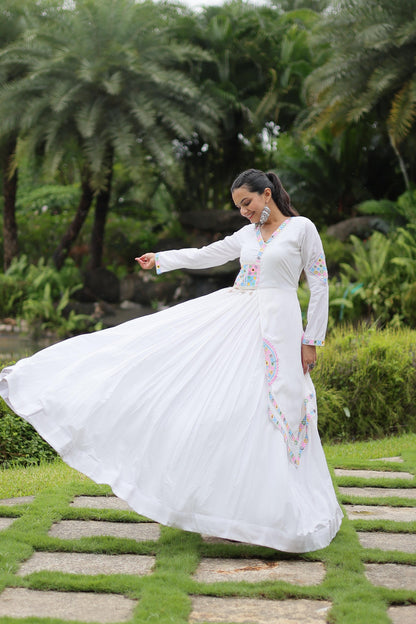 Traditional Wear White Color Rayon With Kutchi Gamthi Lace Work Navratri Special Designer Gown