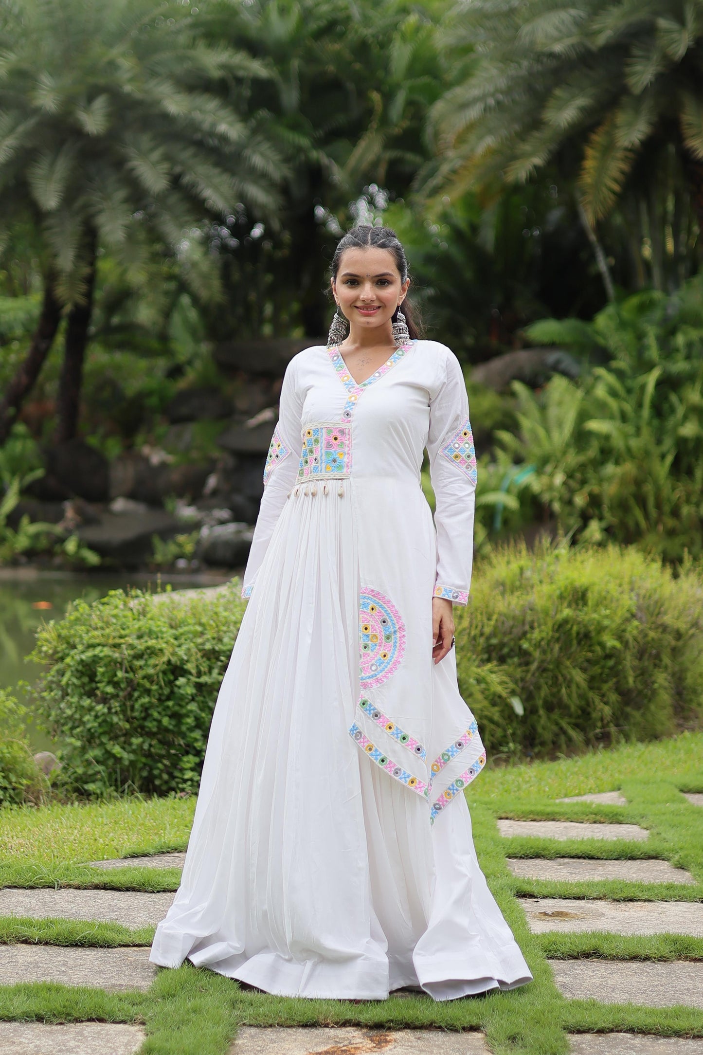 Traditional Wear White Color Rayon With Kutchi Gamthi Lace Work Navratri Special Designer Gown