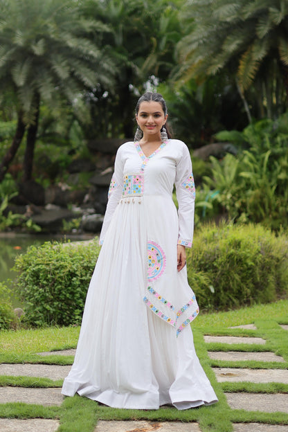 Traditional Wear White Color Rayon With Kutchi Gamthi Lace Work Navratri Special Designer Gown