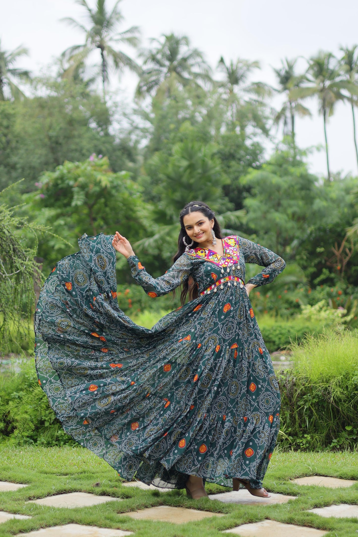 Admiring Teal Green Color Bandhani Print Work With Kutchi Patchwork Georgette Designer Navratri Gown