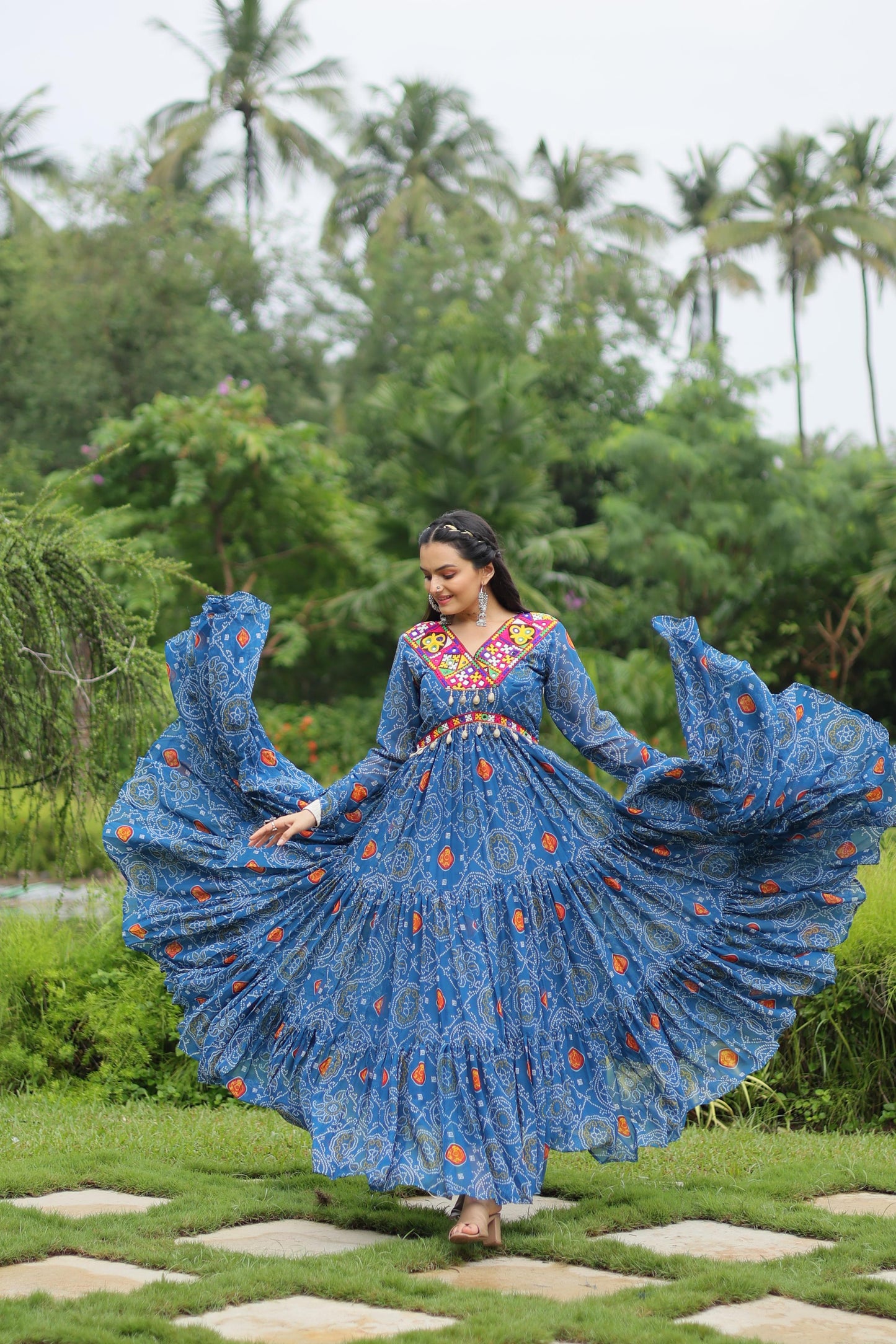 Imposing Sky Blue Color Bandhani Print Work With Kutchi Patchwork Georgette Designer Navratri Gown