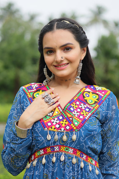 Imposing Sky Blue Color Bandhani Print Work With Kutchi Patchwork Georgette Designer Navratri Gown