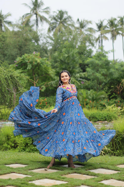 Imposing Sky Blue Color Bandhani Print Work With Kutchi Patchwork Georgette Designer Navratri Gown