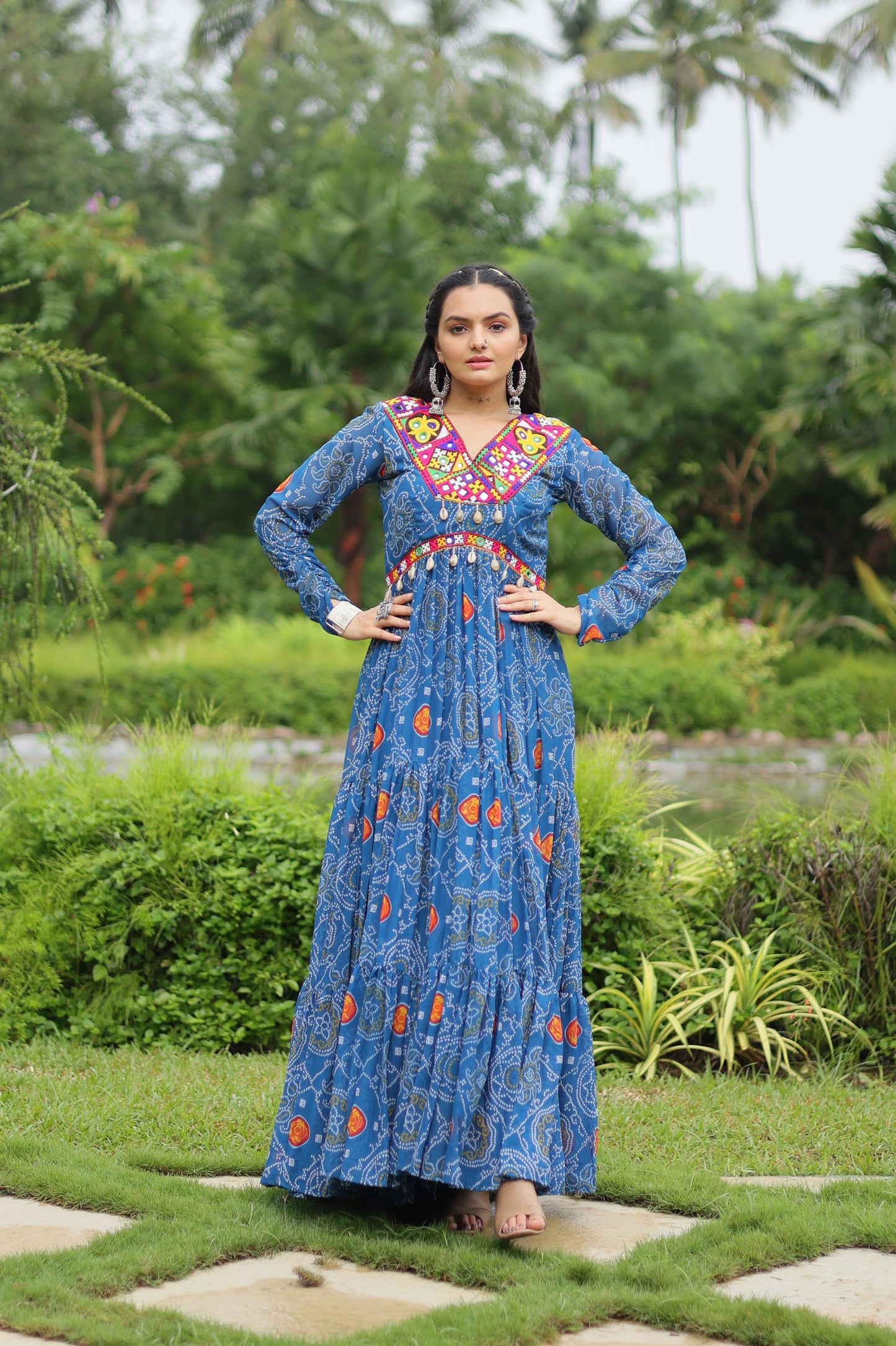 Imposing Sky Blue Color Bandhani Print Work With Kutchi Patchwork Georgette Designer Navratri Gown