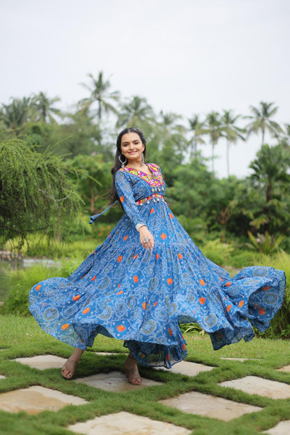 Imposing Sky Blue Color Bandhani Print Work With Kutchi Patchwork Georgette Designer Navratri Gown