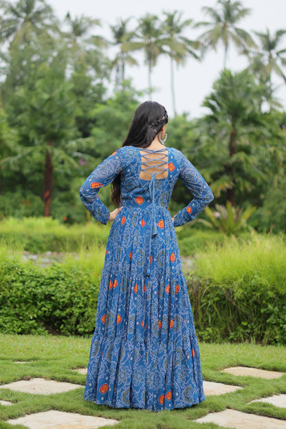 Imposing Sky Blue Color Bandhani Print Work With Kutchi Patchwork Georgette Designer Navratri Gown