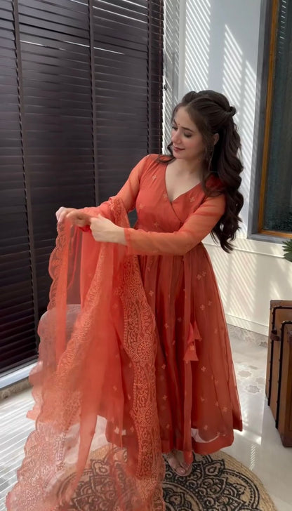 Party Wear Orange Color Heavy Faux Georgette With Embroidery Work Designer Gown With Pent