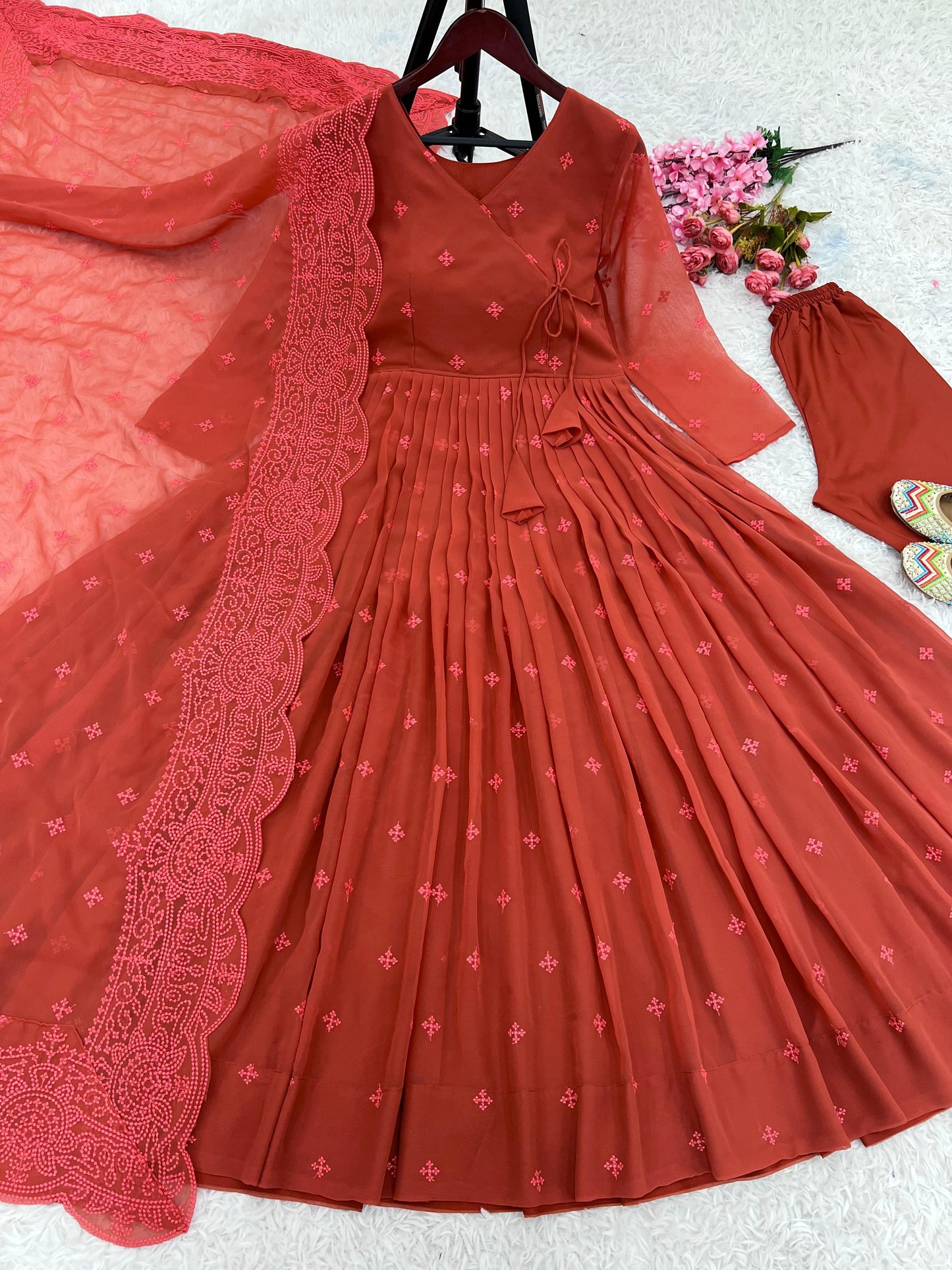 Party Wear Orange Color Heavy Faux Georgette With Embroidery Work Designer Gown With Pent
