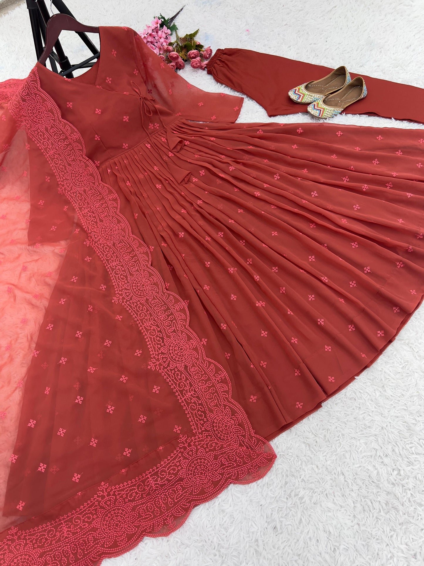 Party Wear Orange Color Heavy Faux Georgette With Embroidery Work Designer Gown With Pent