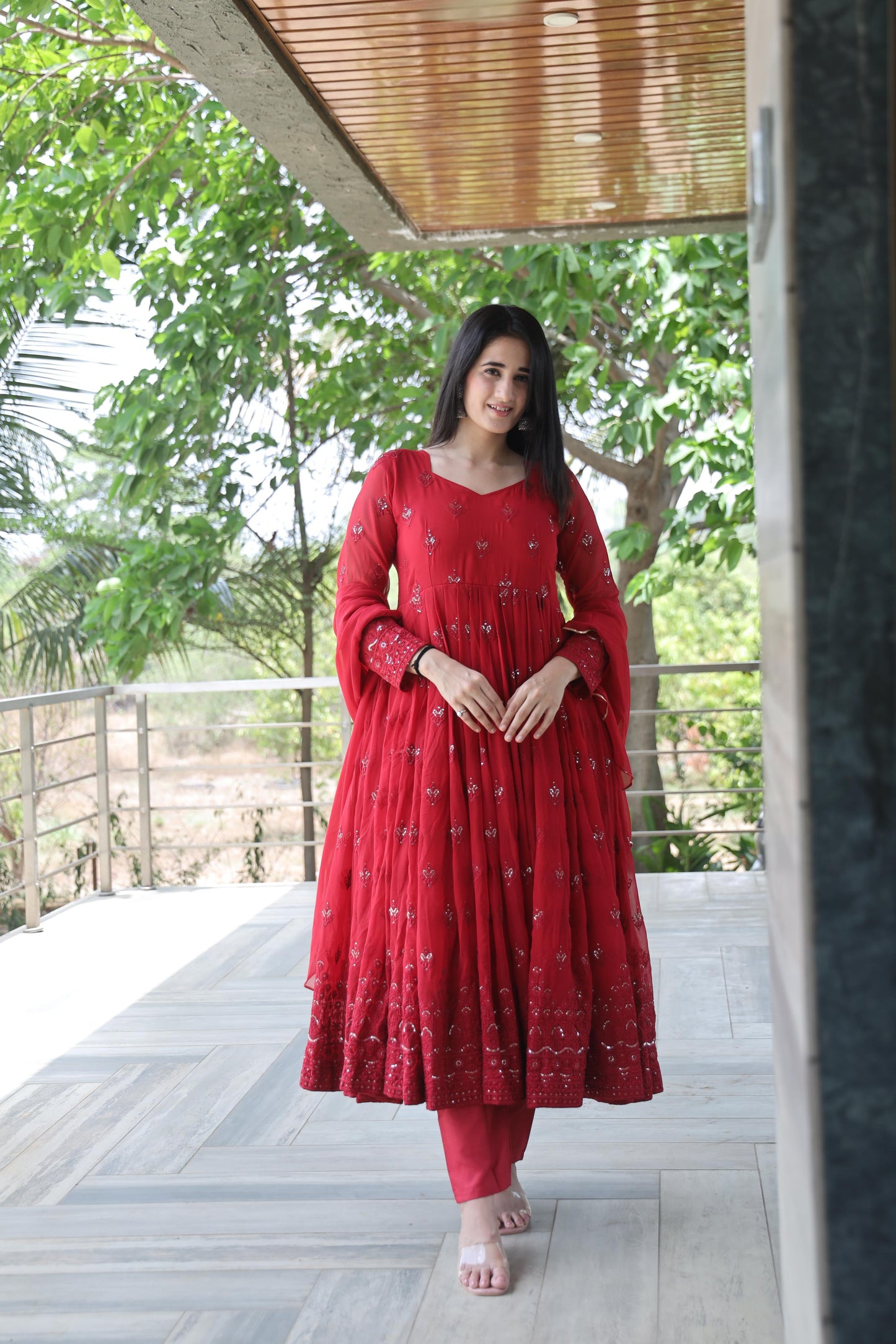 Party Wear Maroon Color Georgette Fabric With 3mm Sequins Embroidery Work Designer Gown