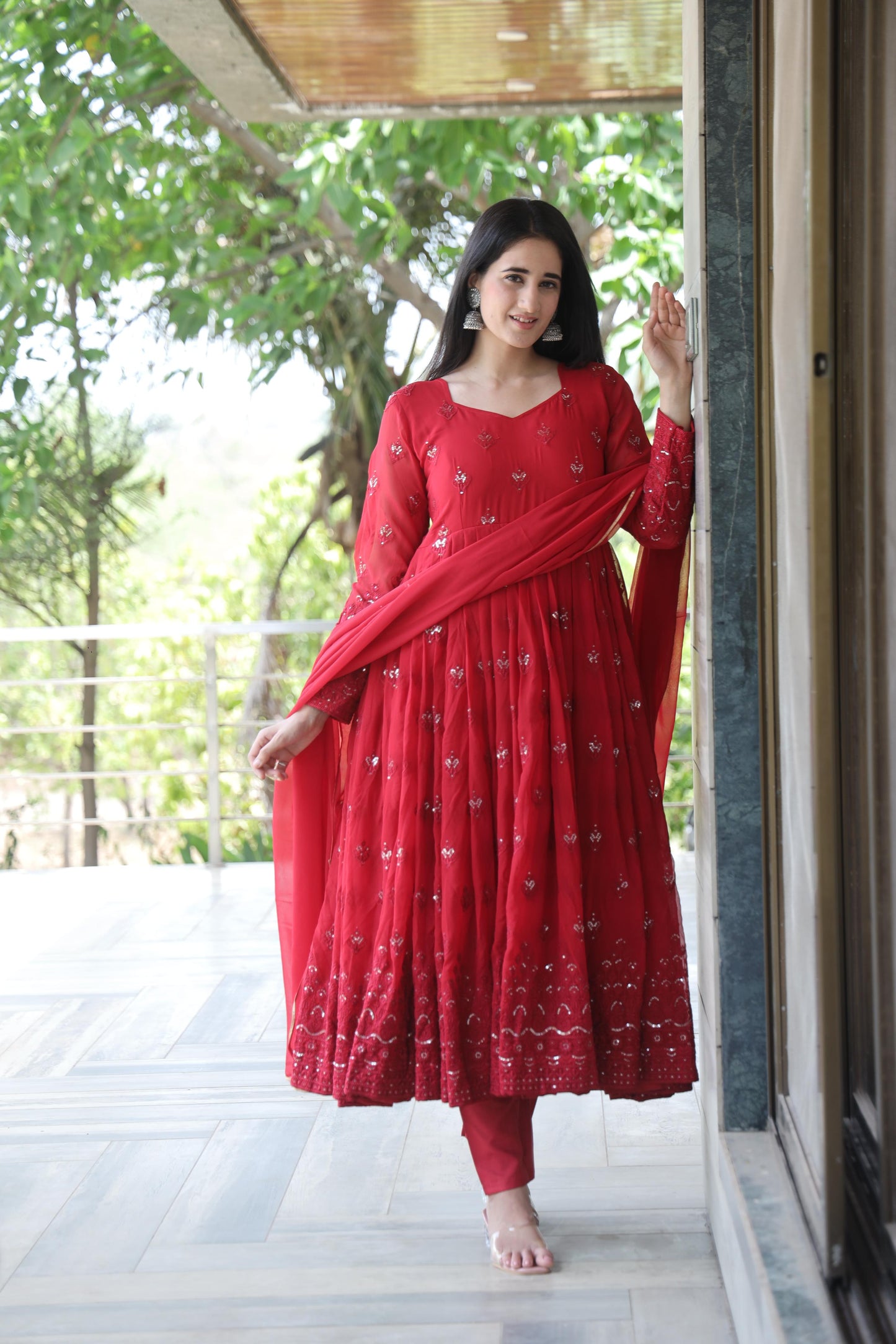 Party Wear Maroon Color Georgette Fabric With 3mm Sequins Embroidery Work Designer Gown