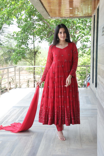 Party Wear Maroon Color Georgette Fabric With 3mm Sequins Embroidery Work Designer Gown