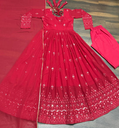 Party Wear Maroon Color Georgette Fabric With 3mm Sequins Embroidery Work Designer Gown