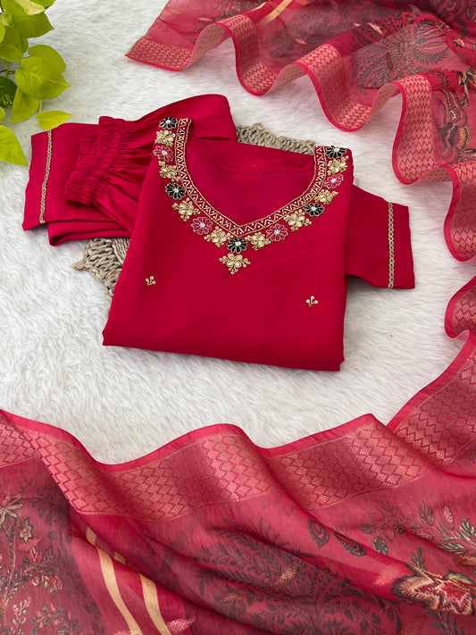 Premium Roman Silk Soft Fabric With Handwork Neck Red Color Kurti Set