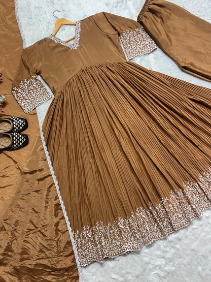 Celebrity Style Crush With  Embroidery Work Beige Color Anarkali Suit With Palazzo