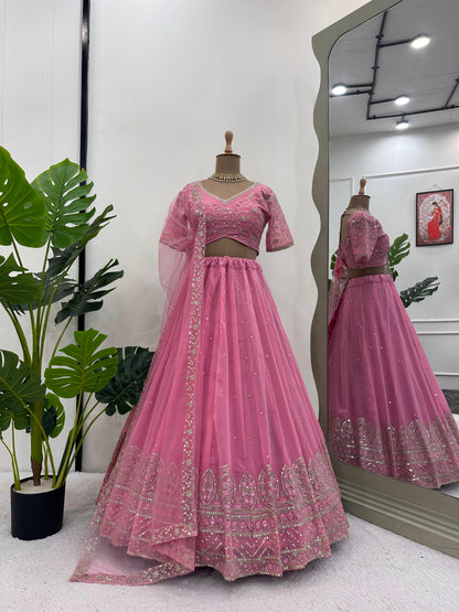 Party Wear Pink Color Faux Georgette Thread With Sequence Work Designer Lehenga Choli