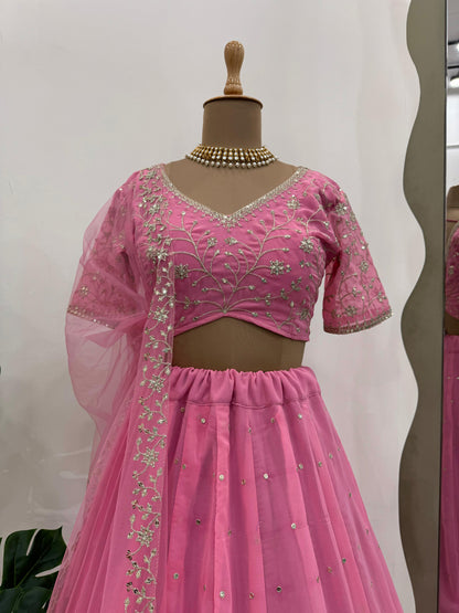 Party Wear Pink Color Faux Georgette Thread With Sequence Work Designer Lehenga Choli