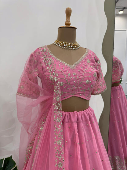 Party Wear Pink Color Faux Georgette Thread With Sequence Work Designer Lehenga Choli