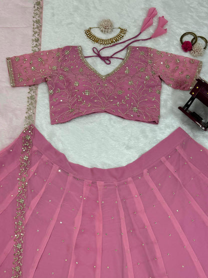 Party Wear Pink Color Faux Georgette Thread With Sequence Work Designer Lehenga Choli