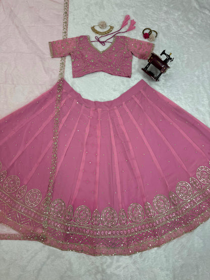 Party Wear Pink Color Faux Georgette Thread With Sequence Work Designer Lehenga Choli