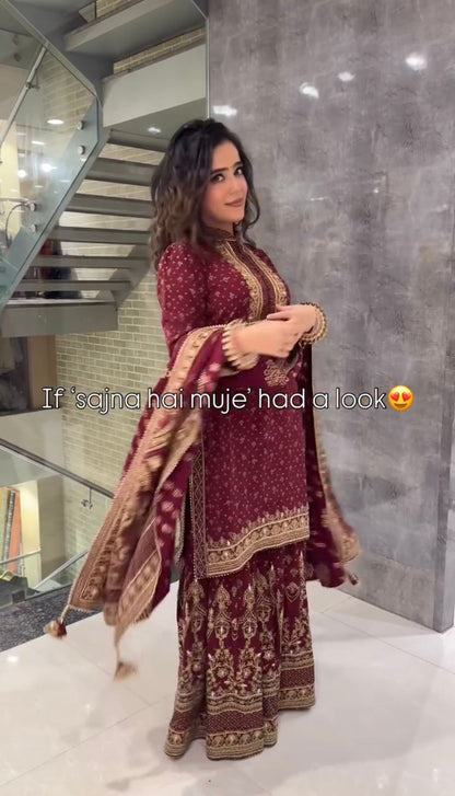 Wedding Wear Maroon Color Heavy Faux Georgette With Beautiful Digital Print With Embroidery Sequence Work Sharara Suit