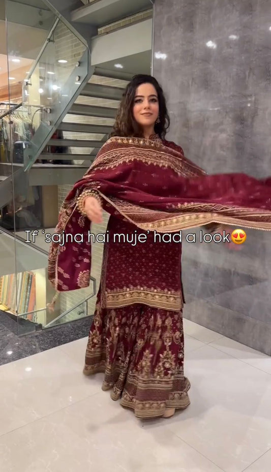 Wedding Wear Maroon Color Heavy Faux Georgette With Beautiful Digital Print With Embroidery Sequence Work Sharara Suit