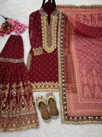 Wedding Wear Maroon Color Heavy Faux Georgette With Beautiful Digital Print With Embroidery Sequence Work Sharara Suit
