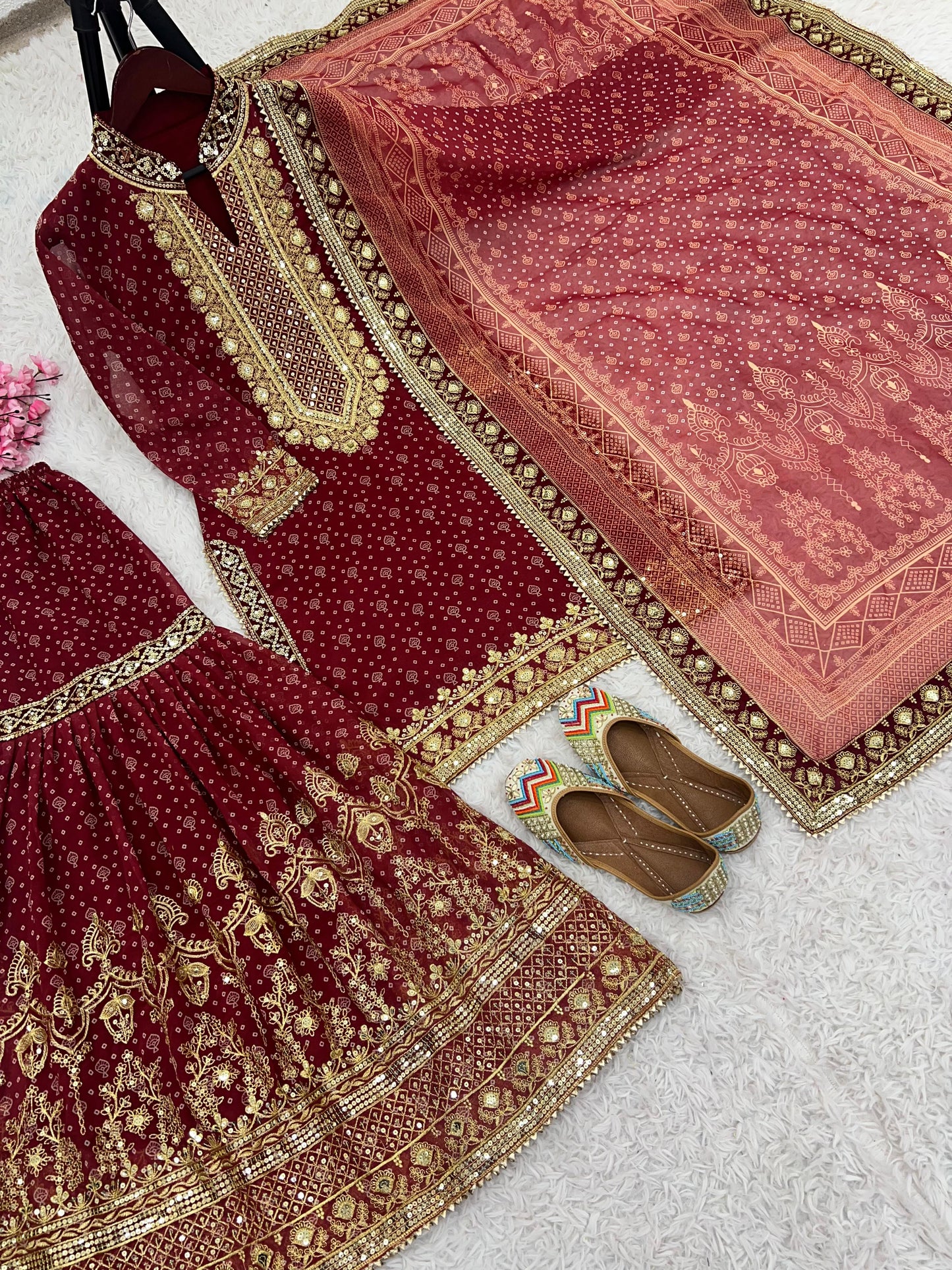 Wedding Wear Maroon Color Heavy Faux Georgette With Beautiful Digital Print With Embroidery Sequence Work Sharara Suit