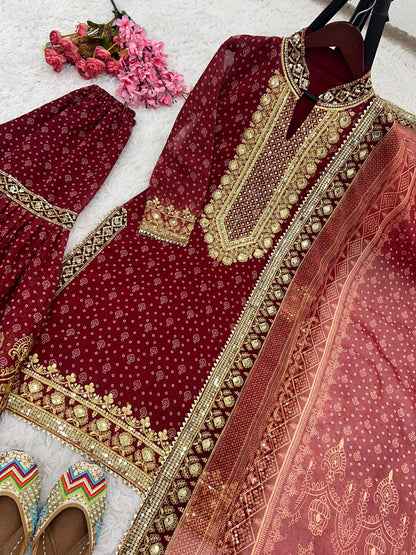 Wedding Wear Maroon Color Heavy Faux Georgette With Beautiful Digital Print With Embroidery Sequence Work Sharara Suit