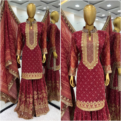 Wedding Wear Maroon Color Heavy Faux Georgette With Beautiful Digital Print With Embroidery Sequence Work Sharara Suit