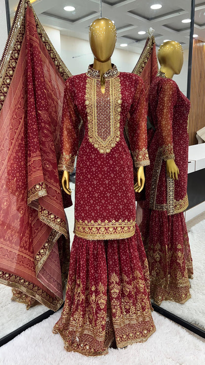 Wedding Wear Maroon Color Heavy Faux Georgette With Beautiful Digital Print With Embroidery Sequence Work Sharara Suit