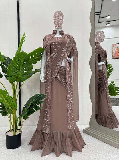 Ceremony Wear Brown Color Faux Georgette Thread With Sequence Designer Lehenga Saree With Shrug