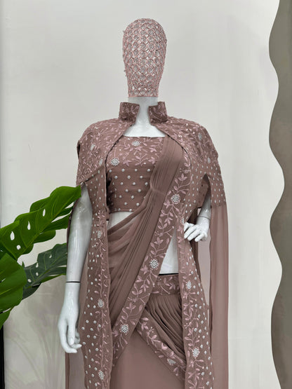 Ceremony Wear Brown Color Faux Georgette Thread With Sequence Designer Lehenga Saree With Shrug