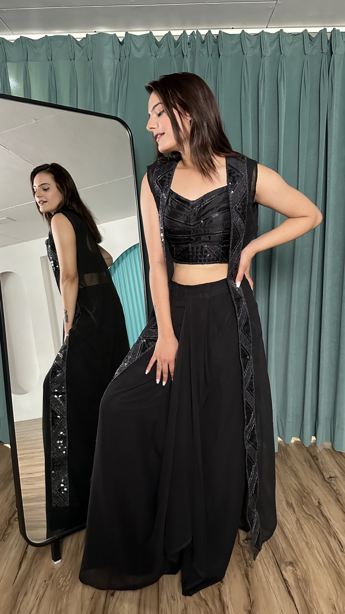 Ceremony Wear Black Color Georgette Koti With Sequence Work Indo Western