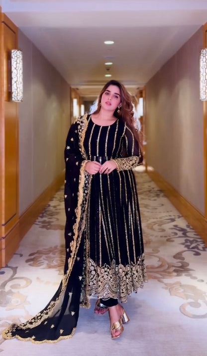 Wedding Wear Black Color Heavy Faux Georgette With Full Heavy Embroidery Sequence Work Anarkali Gown