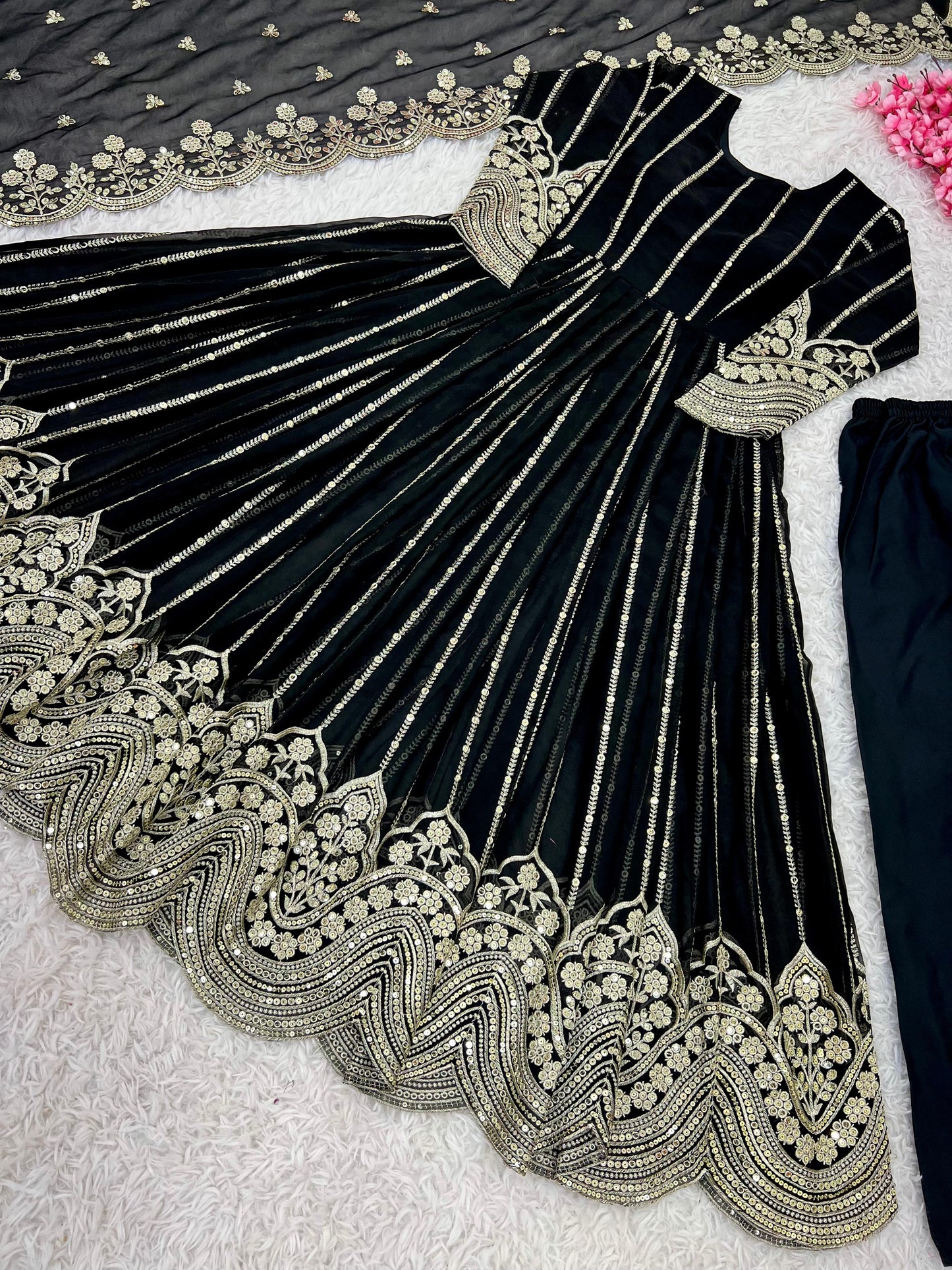 Wedding Wear Black Color Heavy Faux Georgette With Full Heavy Embroidery Sequence Work Anarkali Gown