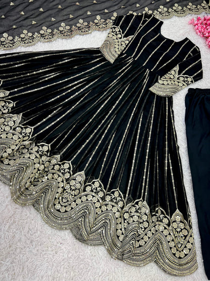 Wedding Wear Black Color Heavy Faux Georgette With Full Heavy Embroidery Sequence Work Anarkali Gown