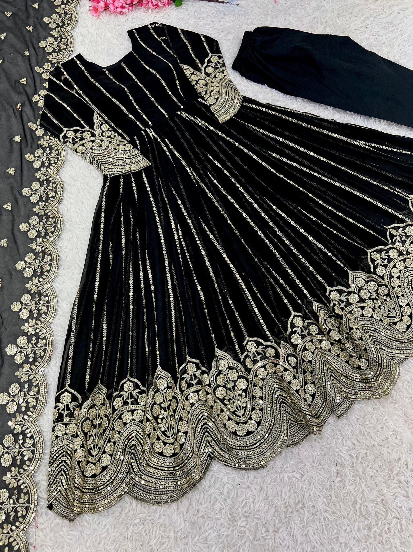 Wedding Wear Black Color Heavy Faux Georgette With Full Heavy Embroidery Sequence Work Anarkali Gown